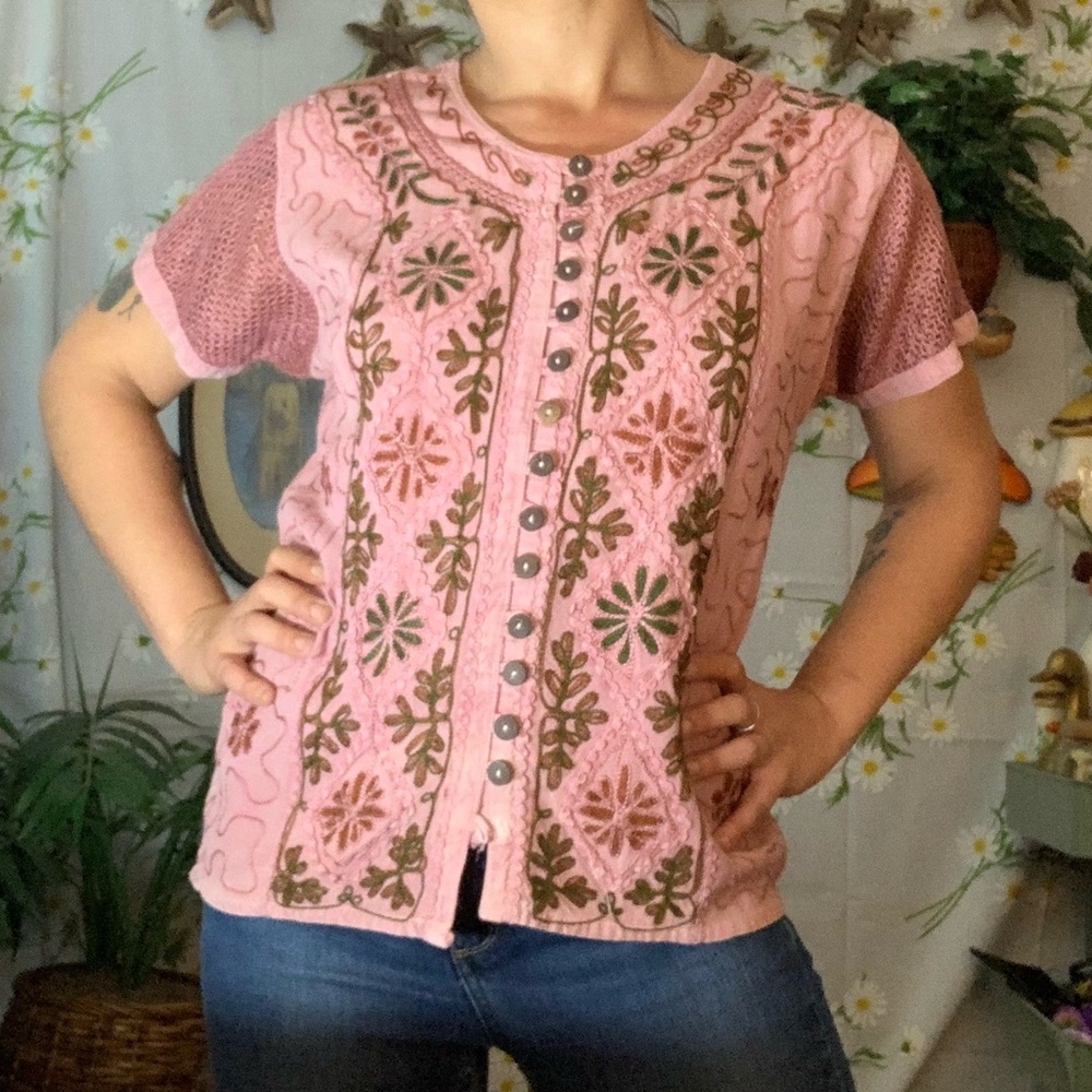 Vintage muted pink Indian embroidered graphic tee